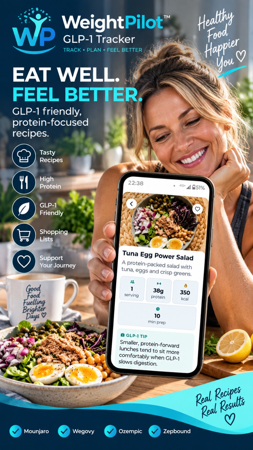 WeightPilot promotional artwork highlighting GLP-1 injection tracking